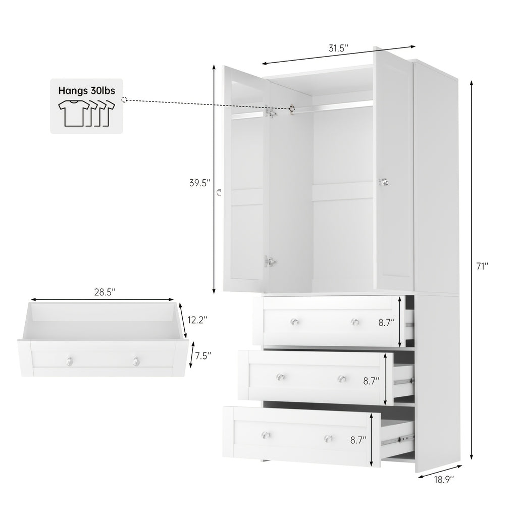 31.5"/47"/63" Large Wardrobe Armoire Closet with Hanging Rod, Mirror And Doors, Drawers & Shelves, for Bedroom
