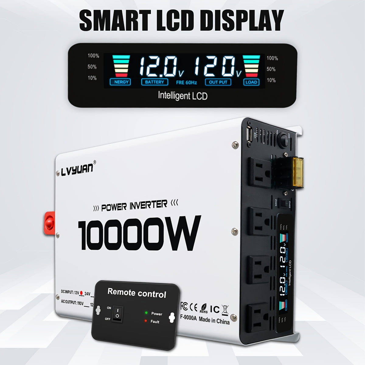 LVYUAN Power Inverter, 10, 000 W (Peak), 12V DC to 110V/120V AC Converter, Suitable for Homes, Rvs, Boats, Off-Grid Solar Systems, And Vehicles. Features USB Charging Ports, 4 AC Power Outlets, Dual USB Ports, an LCD Display, And A Remote Control