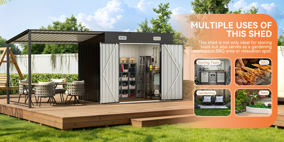 [2-in-1 Outdoor Combo] 6x4/5x3ft Outdoor Storage Shed & Hardtop Gazebo Combo, 2-in-1 Outdoor Combo, Metal Lean to Shed with Open-Sided Pergola, Durable Garden Tool Shed for Patio, Backyard, Deck