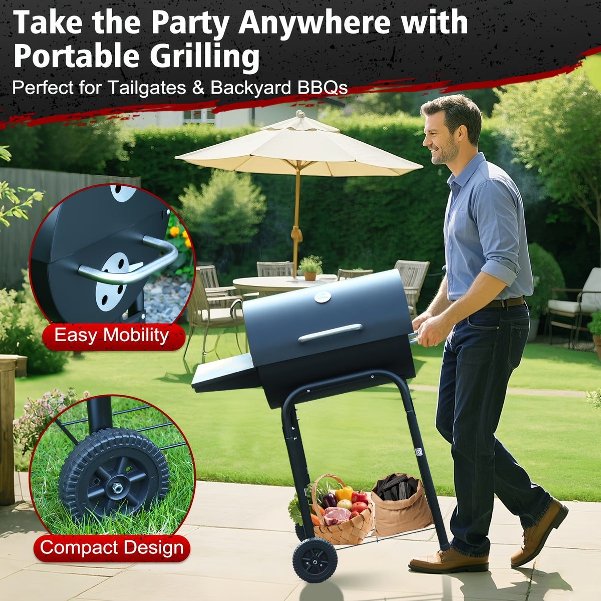 Charcoal BBQ Grills Outdoor - Barrel Charcoal Grill with Offset Smoker(Model: L)/ Outdoor BBQ Grill with Side Table(Model:M/XL-A/XL-C)for Backyard, Patio, Parties, Camping, Outdoor Cooking, Large Event Gathering, Black