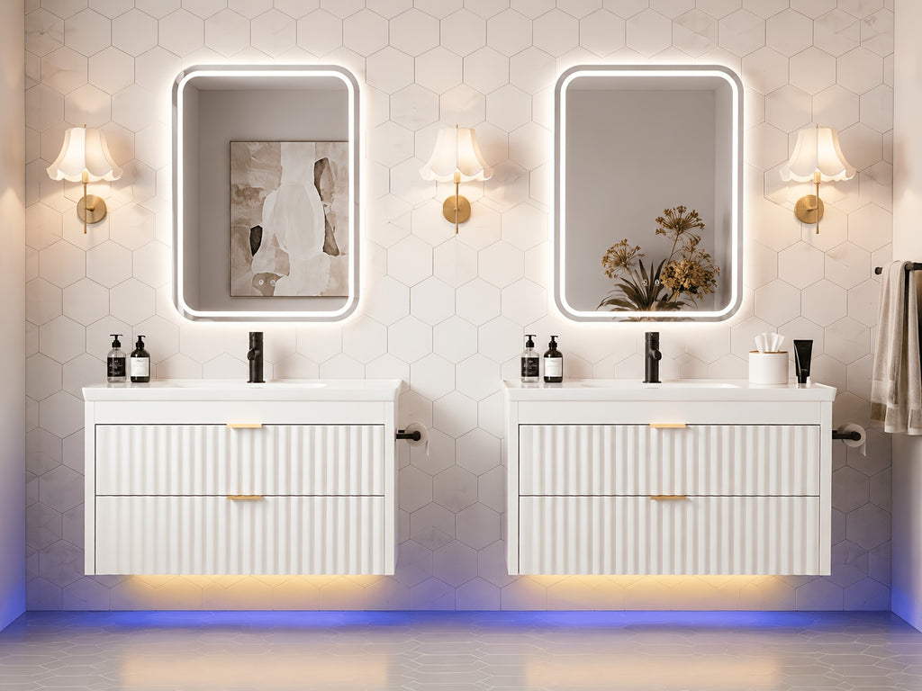 24" Wall Mount Floating Bathroom Vanity with LED Lighting, 3-Hole Ceramic Sink Included, Wave Fluted Textured Cabinet Door, 2 Soft Close Drawers, Modern Suspended Bathroom Vanity Cabinet for Small Bathrooms, Black & White Optional