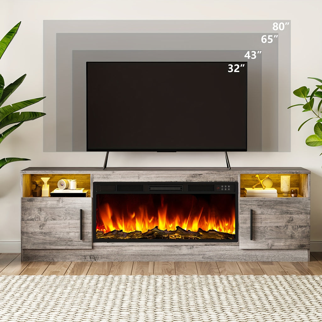 Fireplace TV Stand Entertainment Center with 36" Fireplace, Media TV Console with High Gloss Storage Cabinet And 16 Colors LED Lights, 70" Wooden TV Stand for TVs Up to 80"