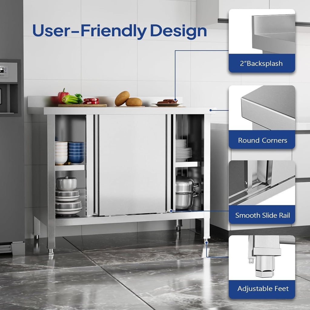 MEFEIR Commercial Stainless Steel Prep Table - 35"x28" Heavy Duty Kitchen Work Table w/ 2 Sliding Door Cabinet & Backsplash, Large Storage for Restaurant Food Prep