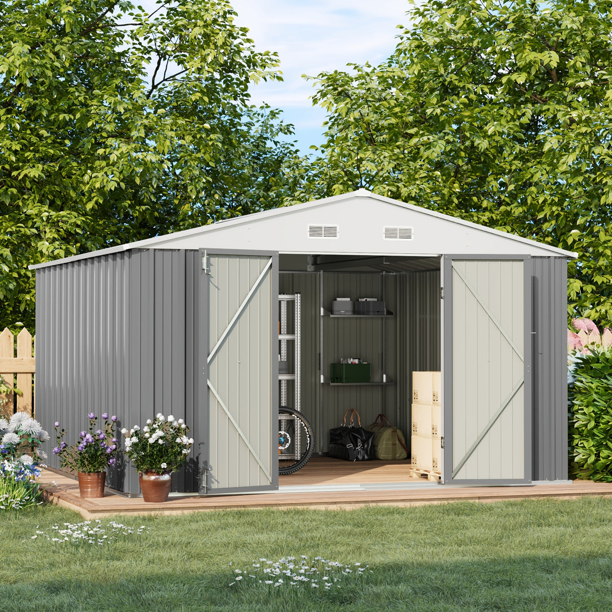 GUNJI 10X10 FT & 8 X 8 FT Outdoor Steel Storage Shed Metal Building Tiny House Lockable Door, Vertical Outside Storage Building For Garden, Backyard, Lawn, Patio Utility, Tool Storage, Bike Carport, Free Shipping
