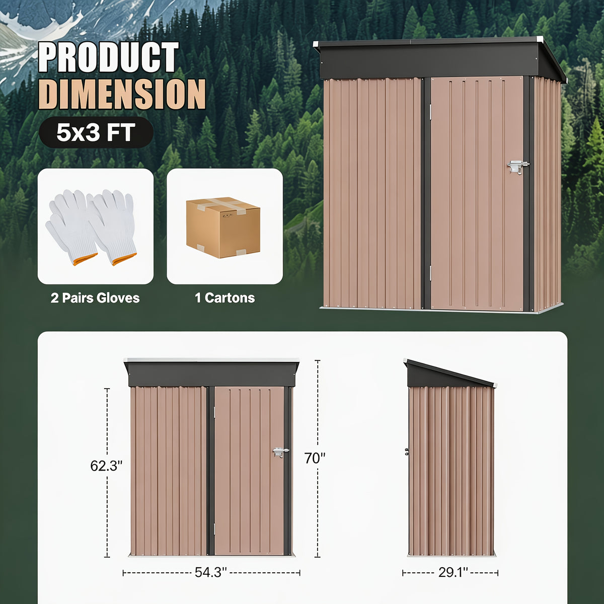 Outdoor Storage Shed in Brown, Galvanized Metal Organizer with Lockable Double Doors and Five Configuration Options