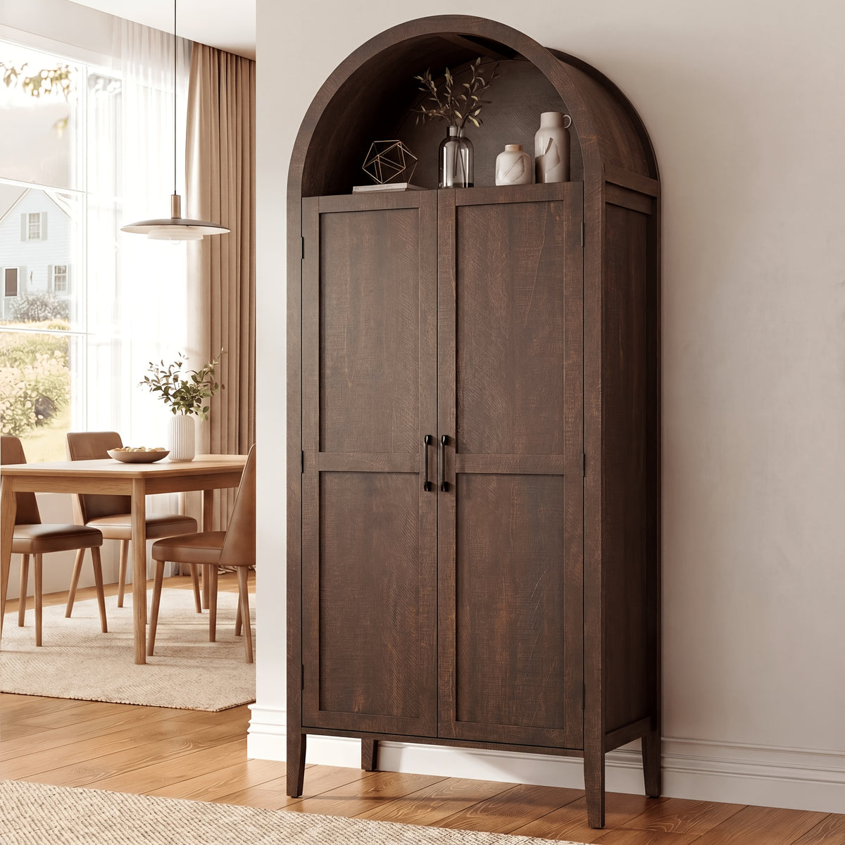 PAZCASA 71" Tall Arched Kitchen Pantry, Storage Cabinet with 2 Pull-Out Shelves, 6 Door Shelves, Organizer, Freestanding Modern Versatile Cupboard for Kitchen, Dining Room, Black/Natural