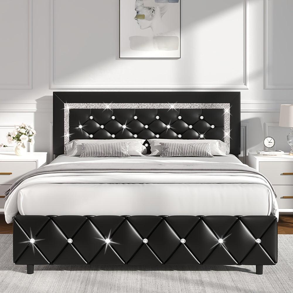 Halloween Twin Full Queen King Upholstered Bed Frame, Diamond Tufted Headboard, Faux Leather Bed Frame With Headboard & Footboard, Wooden Slats Support, No Box Spring Needed, Easy Assembly, Black/White/Pink/Green Christmas
