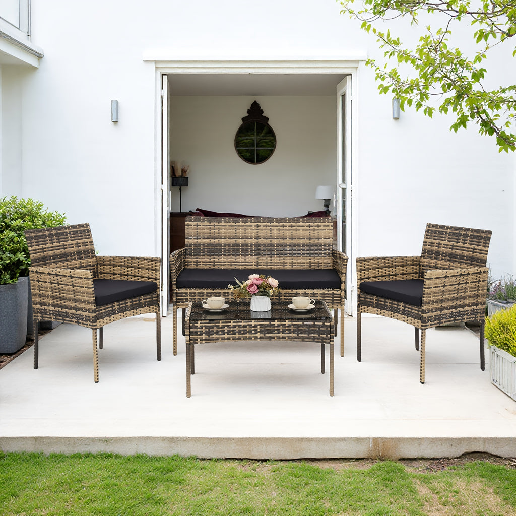 KROFEM 4pcs Wicker Bistro Furniture Set, Includes 2 Chairs with Water Resistant Cushions, Coffee Table, And Comfy Loveseat, Perfect for Any Outdoor Gathering