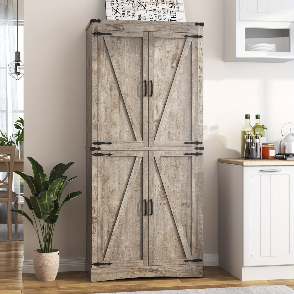 Farmhouse Tall Storage Cabinet with 4 Doors & Adjustable Shelves, 71in Pantry Cabinet for Kitchen, Living Room, Dining Room, Bathroom, Rustic Wood Storage Cabinet