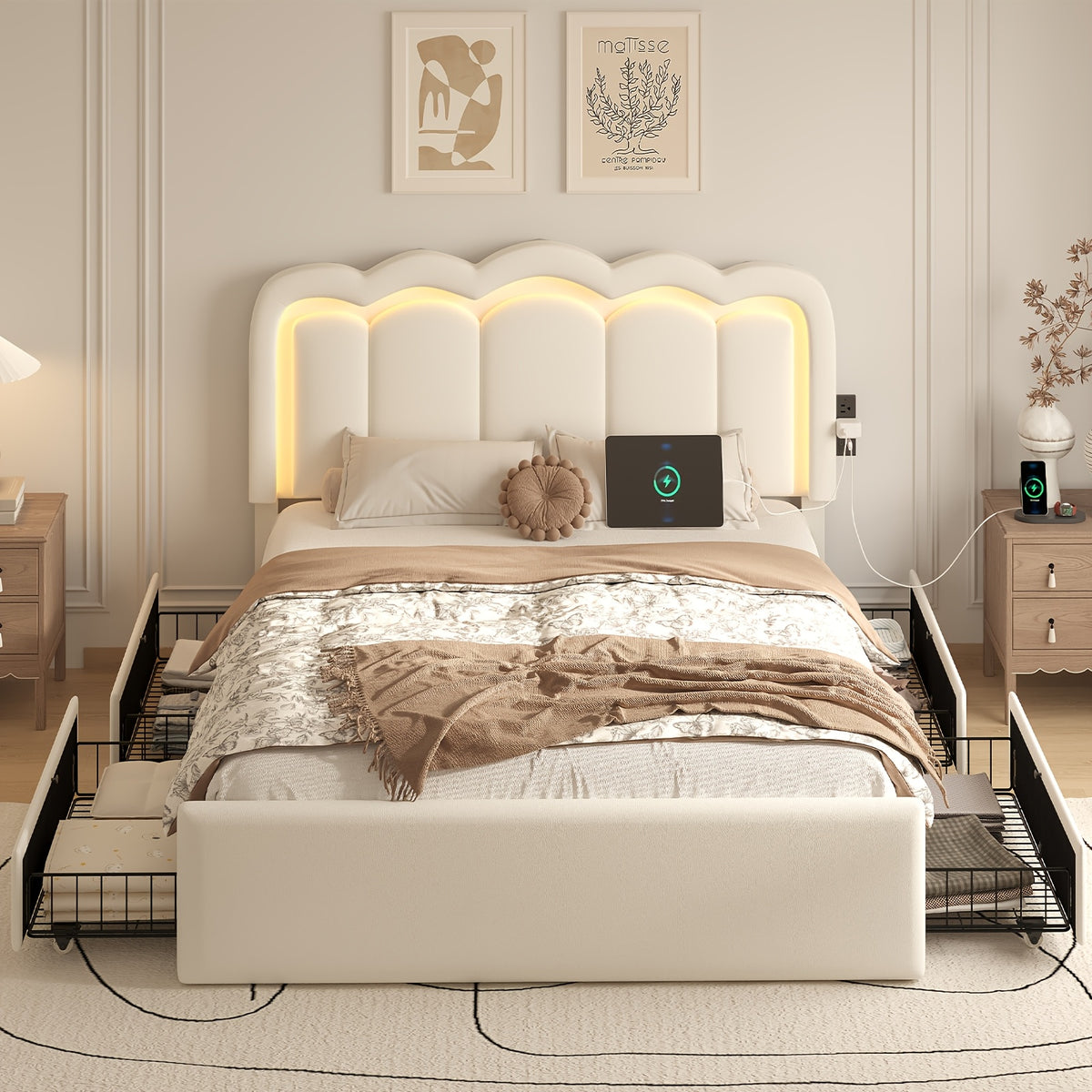 Upholstered Platform Bed Frame with 4 Storage Drawers & Adjustable Headboard, Full/Queen Size Bed Frame with LED Lights & Charging Station, Strong Metal Slats Support, No Box Spring Needed, Easy Assembly, Black/White