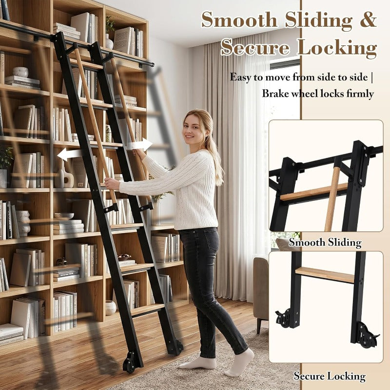 Rolling Library Ladder with 6.6' Slide Rails, 96' Roller Ladder with Wheels And Handrails, Space Saving Rail Mount Ladder for Bookshelf, Loft, Closet, Home