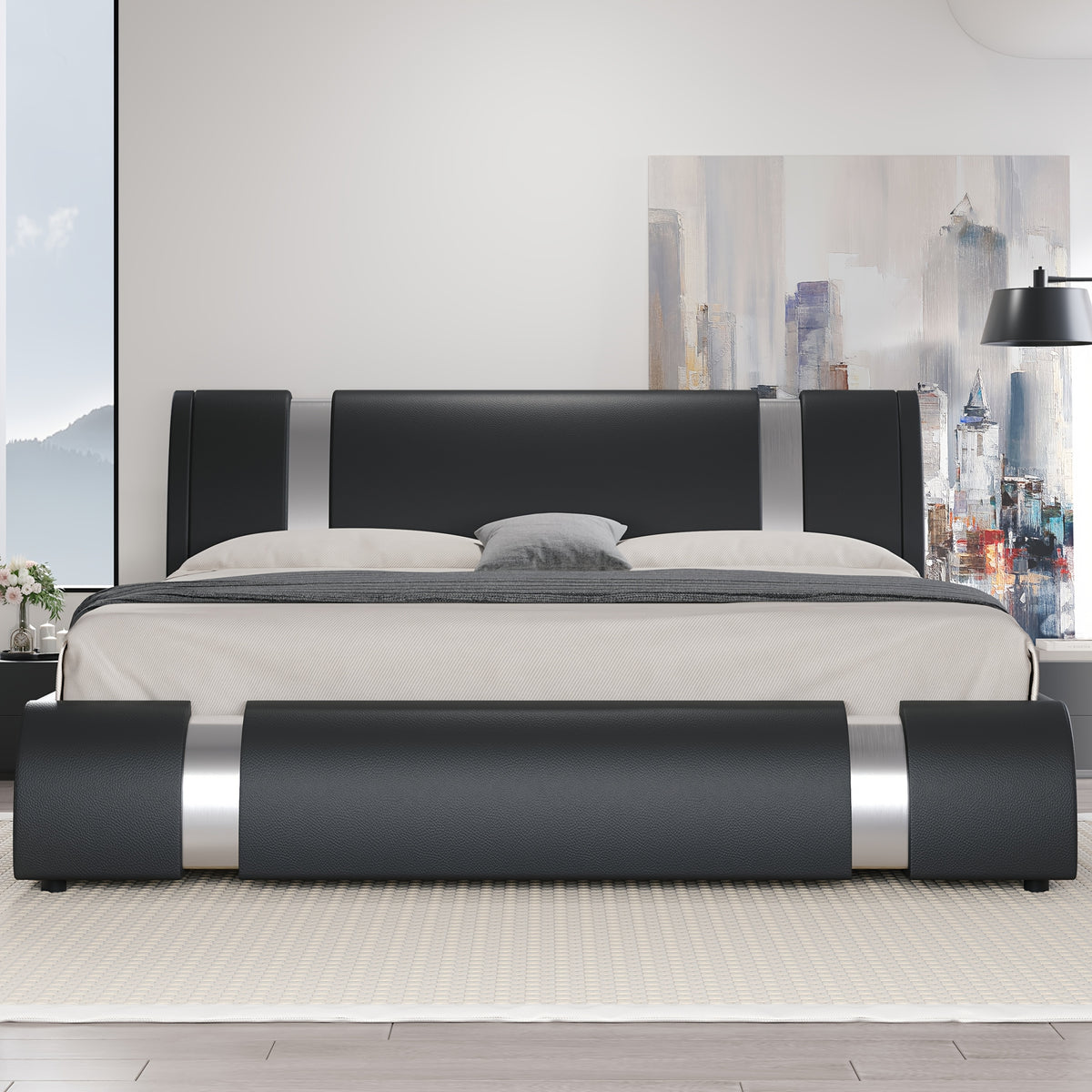 HOOMIC Modern Faux Leather Bed Frame With Iron Pieces Decor - Low Profile Platform Bed With Height-Adjustable Headboard, Solid Wood Slat Support, No Box Spring Needed - For Adults - Suitable for Modern & Contemporary Bedrooms - Perfect Gift for Housewarmi
