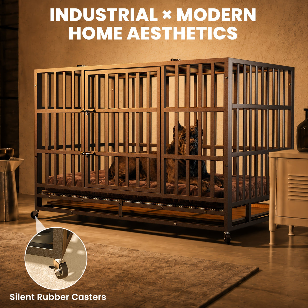 [With Wheels] 42 IN/48IN Heavy Duty Dog Crate Metal Dog Cage With Wheels And Escape-Proof Locks Double Doors Top Opening Large Dog Kennel Removable Tray Easy Assembly Chew-Proof For Big Dogs