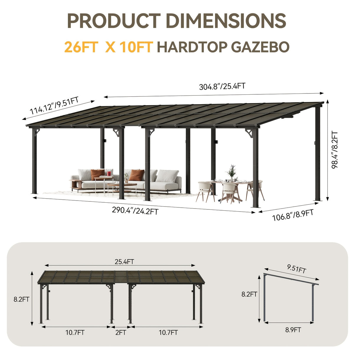 Outdoor Gazebo & Pergola Set - Hard Top Lean-to Wall Mounted Aluminum Alloy Awning With Canopy Roof, Outdoor All-Weather Cover For Patio, Backyard, Deck, Shade & Rain Protection(Multi-size Selection)