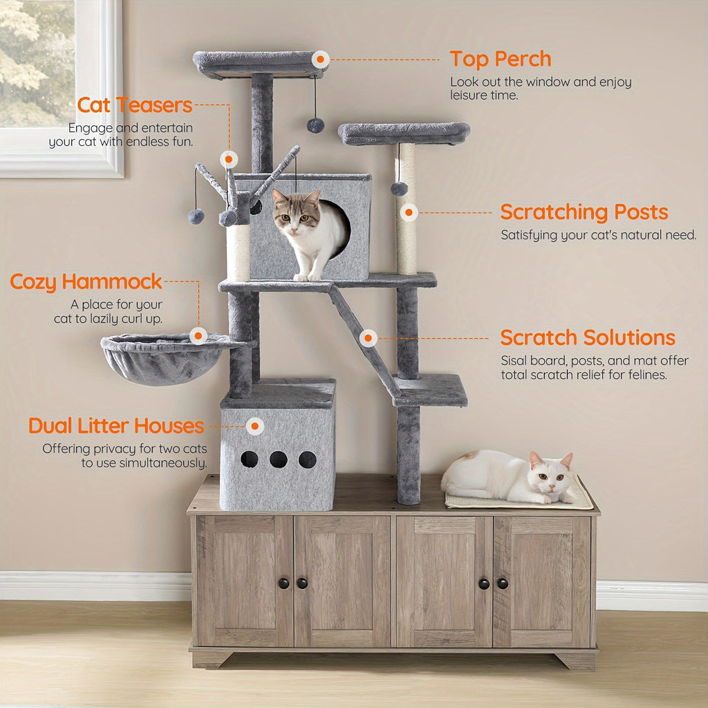 Double Litter Box Enclosure with Cat Tree, 45.3"L X 17.7"W X 68.9"H All-In-One Modern Cat Tower with Cat Bed, Hidden Litter Box Enclosure Furniture, with Hammock, Sisal Posts, Greige