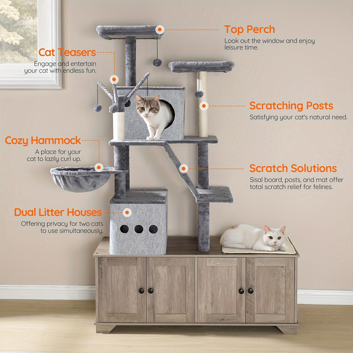 Double Litter Box Enclosure with Cat Tree, 45.3"L X 17.7"W X 68.9"H All-In-One Modern Cat Tower with Cat Bed, Hidden Litter Box Enclosure Furniture, with Hammock, Sisal Posts, Greige