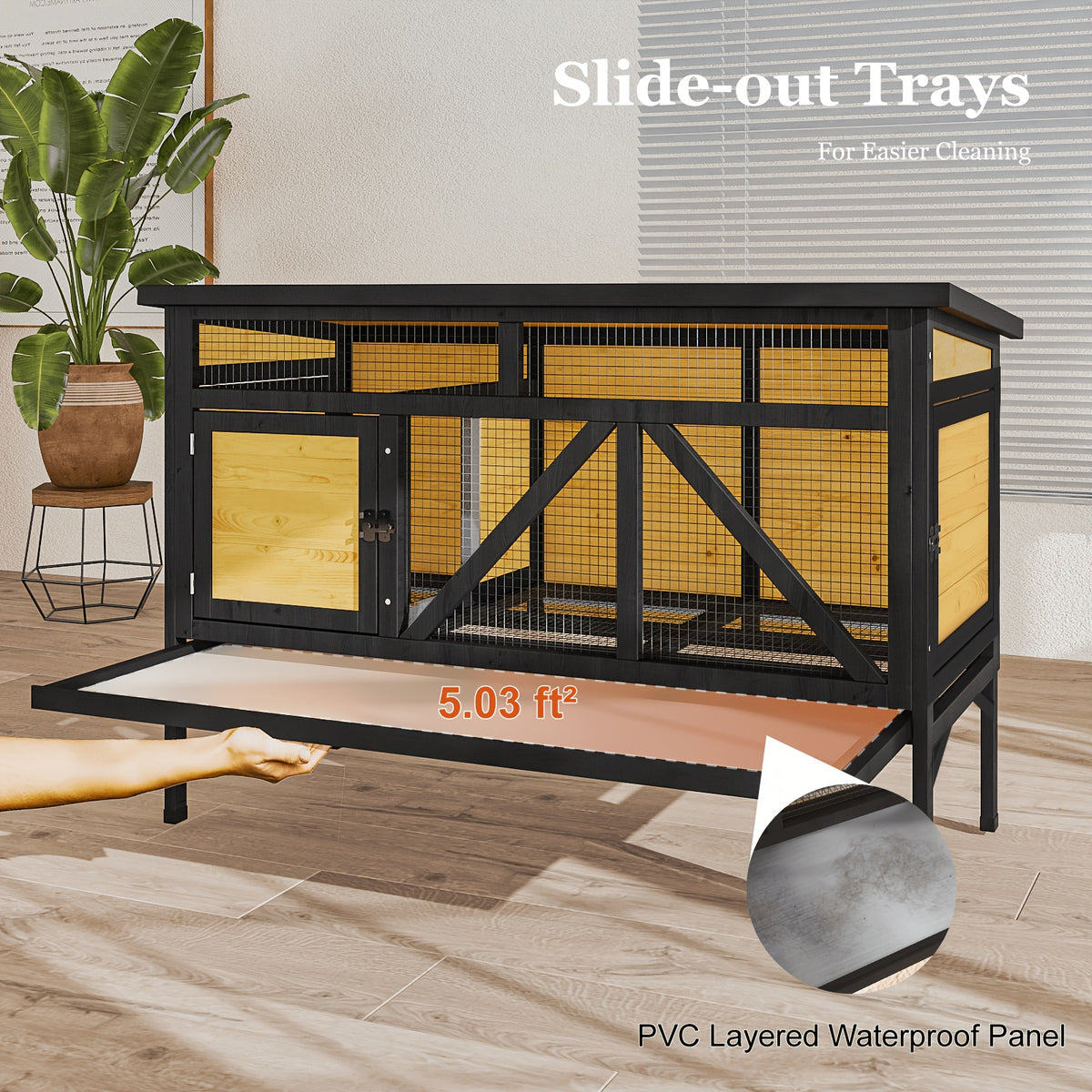 46.7" Elevated Rabbit Cage, Fir Wood Small Animal House - Indoor & Outdoor Rabbit Hutch, Bunny Cage for Guinea Pig, Wooden Design with Removable Tray, Asphalt Roof & Bottom Wire Mesh for Small-Medium Animals