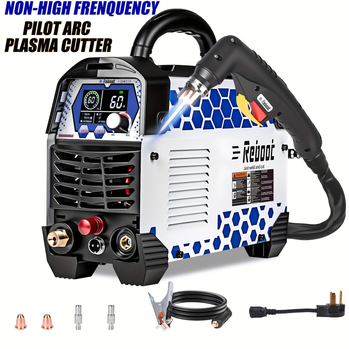Reboot Plasma Cutter Non-High Frequency Non-Touch Pilot Arc, 120V/240V Dual Voltage, 1 Inch Max Cut 5/8 Inch Clean Cut, Mesh Cutting, 2T/4T, Large LED Display for Beginners