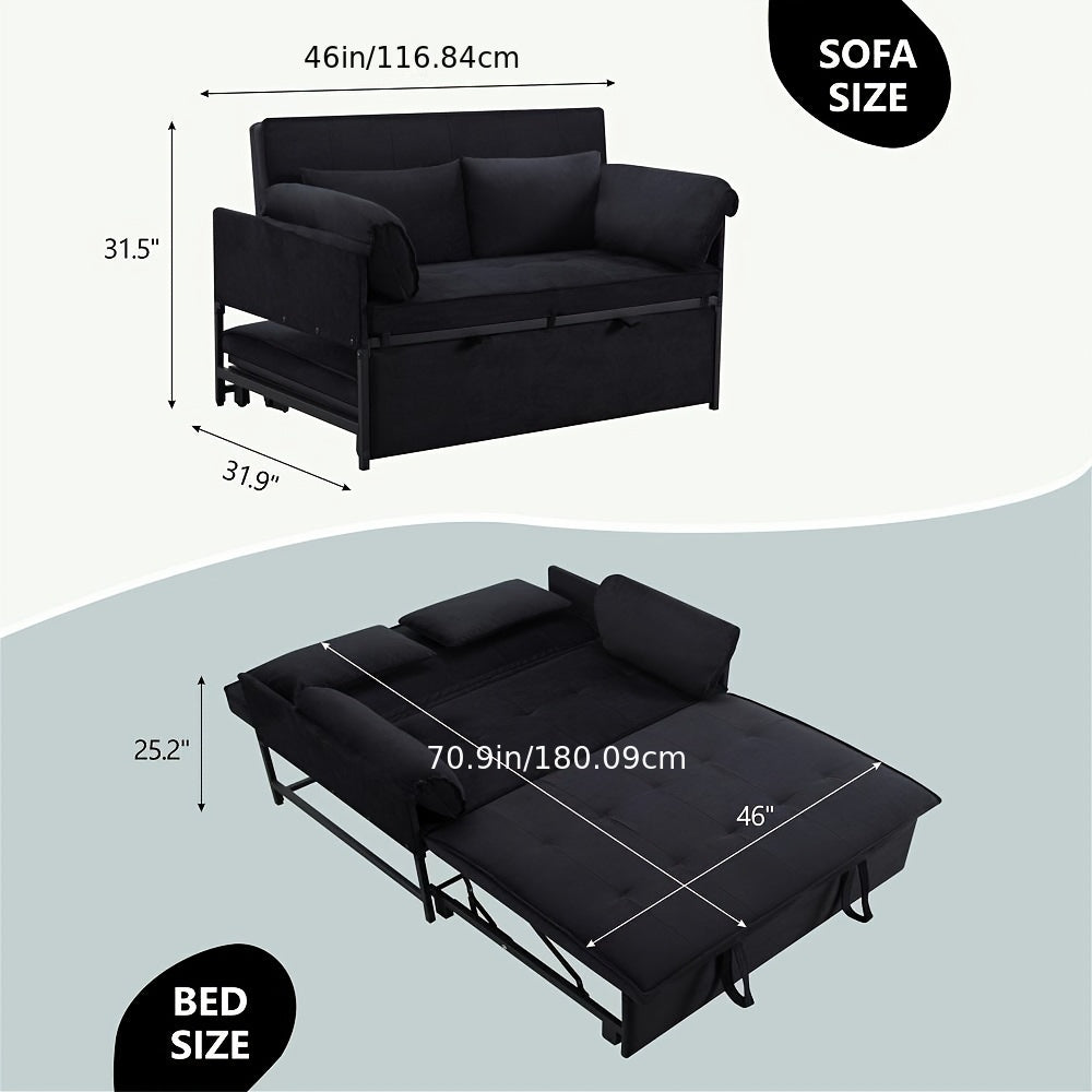 3-In-1 Pull-Out Sofa Bed, 5-Position Adjustable Backrest Velvet Futon Couch with Side Storage Pockets, Metal Frame Sleeper Sofa for Small Apartment, Dorm, Guest Room, 3 Colors Available