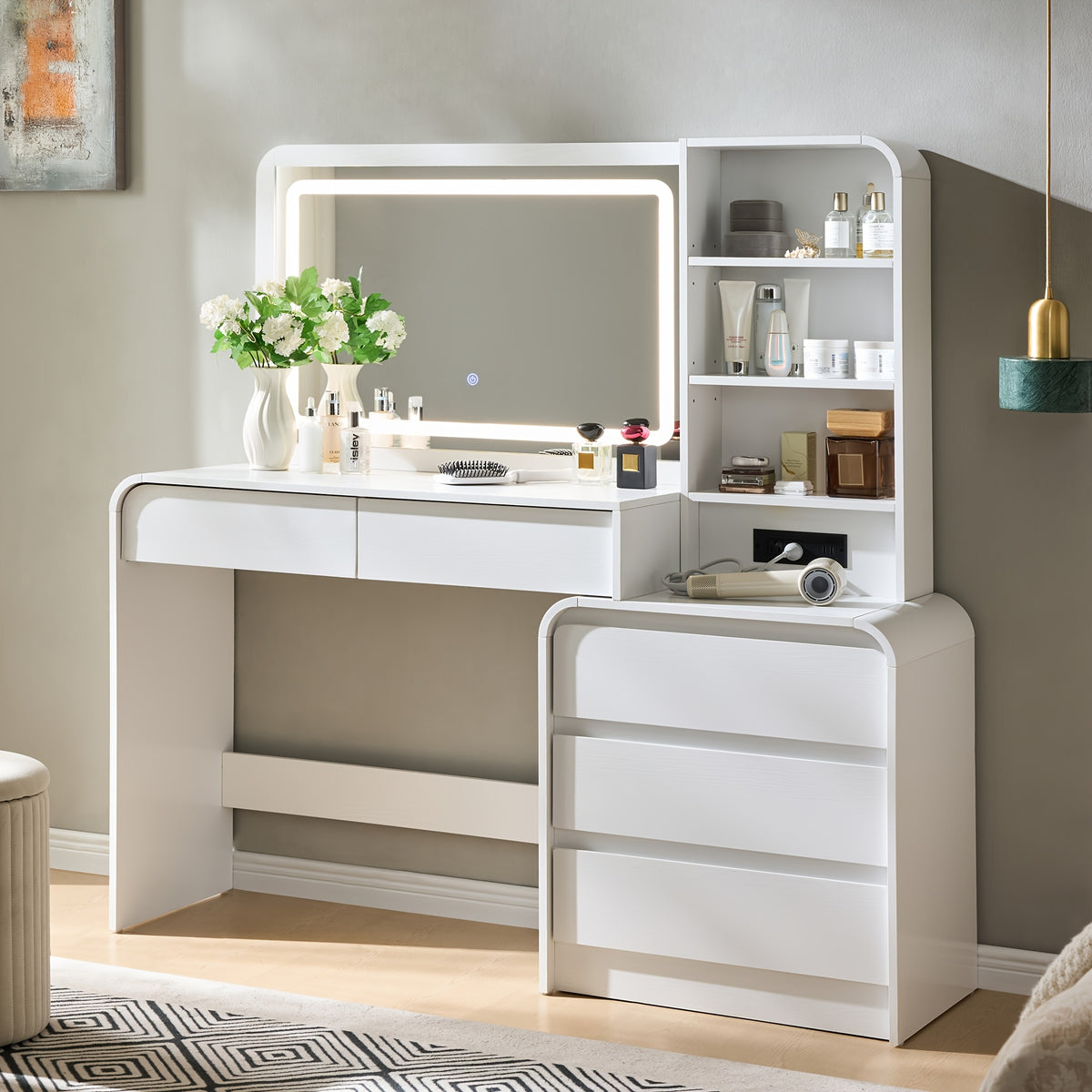 Makeup Vanity Desk with 5 Drawers, Vanity Table with Touch Screen LED Mirror & Charging Station for Bedroom, Adjustable Shelf, Curved Profile Design
