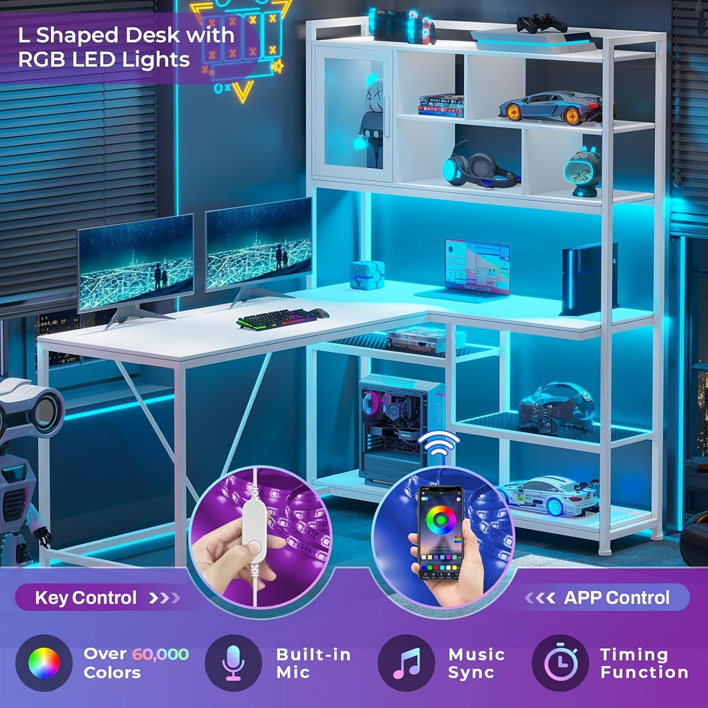 L-Shaped Computer Desk, Reversible 58-Inch Corner Workstation with 7-Tier Shelves and RGB LED Lighting