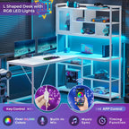 L-Shaped Computer Desk, Reversible 58-Inch Corner Workstation with 7-Tier Shelves and RGB LED Lighting