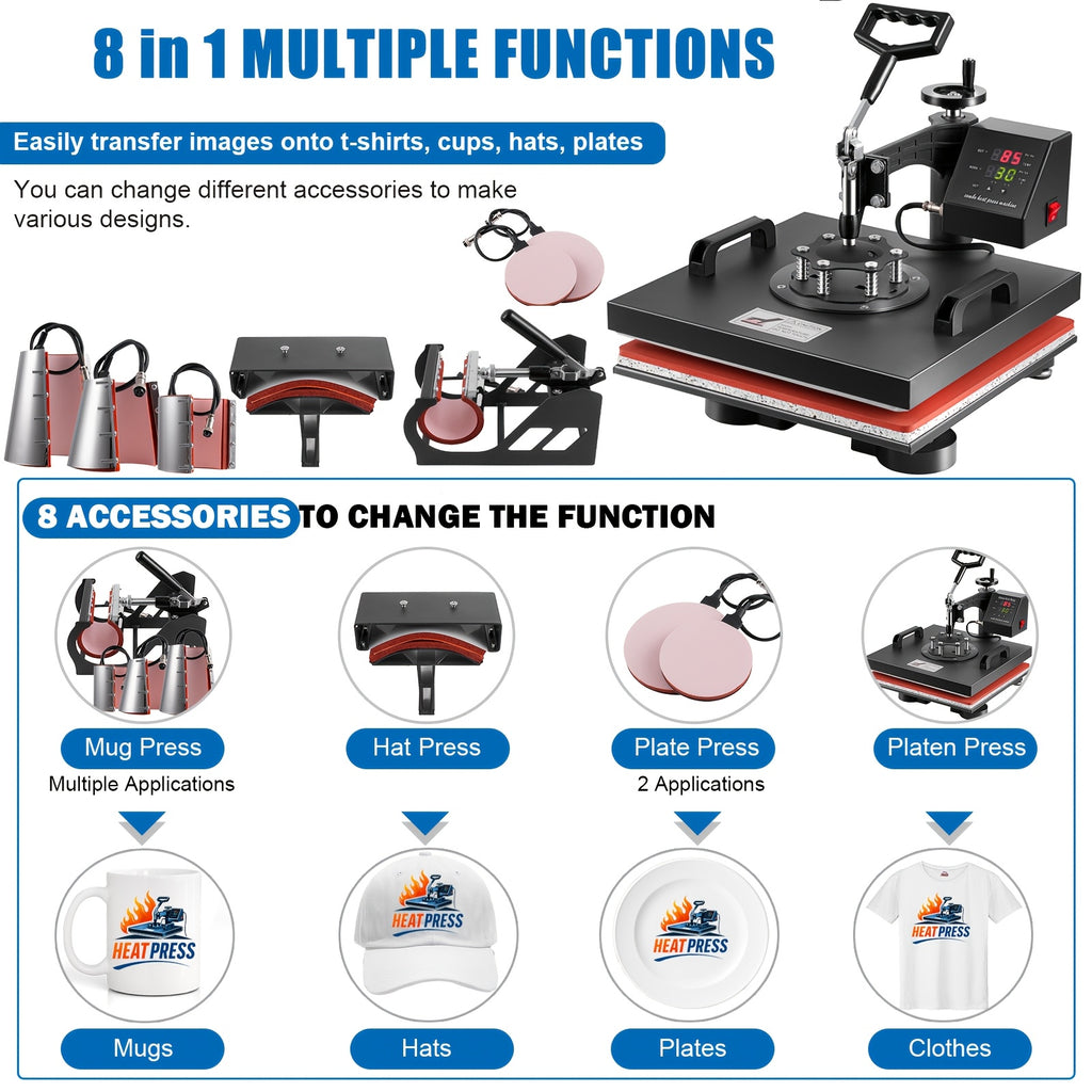 8-in-1 Heat Press Machine, Equipped with 15x15 Inch / 15x12 Inch Pressure Plates, 360° Rotating T-shirt Heat Transfer Machine, Digitally Controlled Dual LED Display, Suitable for Sublimation Transfer on T-shirts, Hats, Mugs, Plates, and Other Items