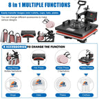 8-in-1 Heat Press Machine, Equipped with 15x15 Inch / 15x12 Inch Pressure Plates, 360° Rotating T-shirt Heat Transfer Machine, Digitally Controlled Dual LED Display, Suitable for Sublimation Transfer on T-shirts, Hats, Mugs, Plates, and Other Items