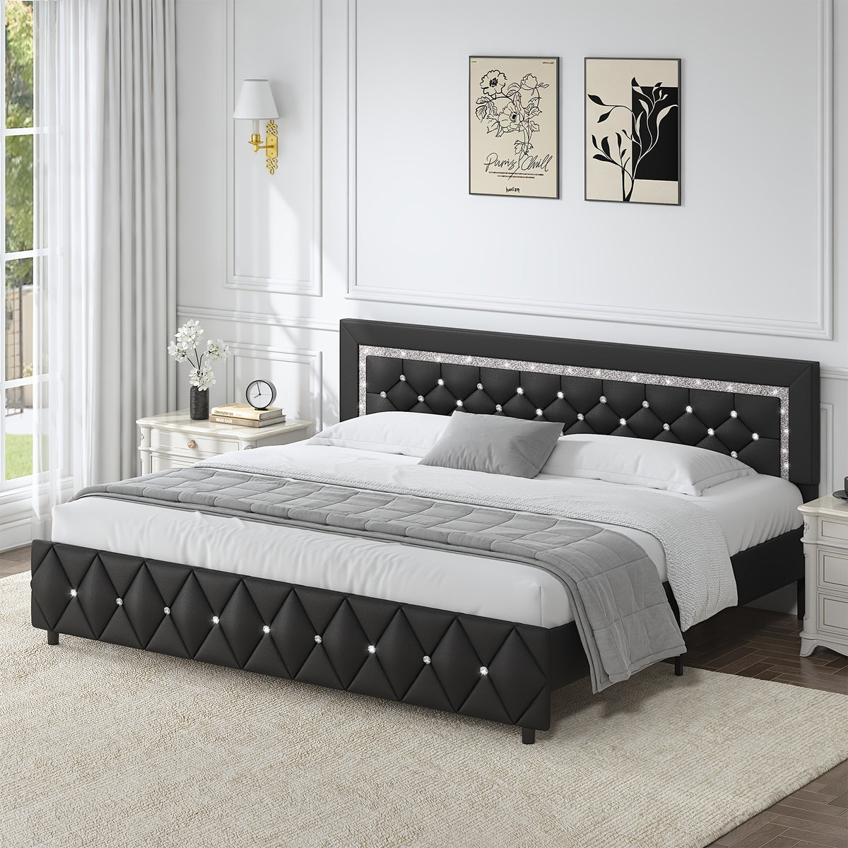 Halloween Twin Full Queen King Upholstered Bed Frame, Diamond Tufted Headboard, Faux Leather Bed Frame With Headboard & Footboard, Wooden Slats Support, No Box Spring Needed, Easy Assembly, Black/White/Pink/Green Christmas