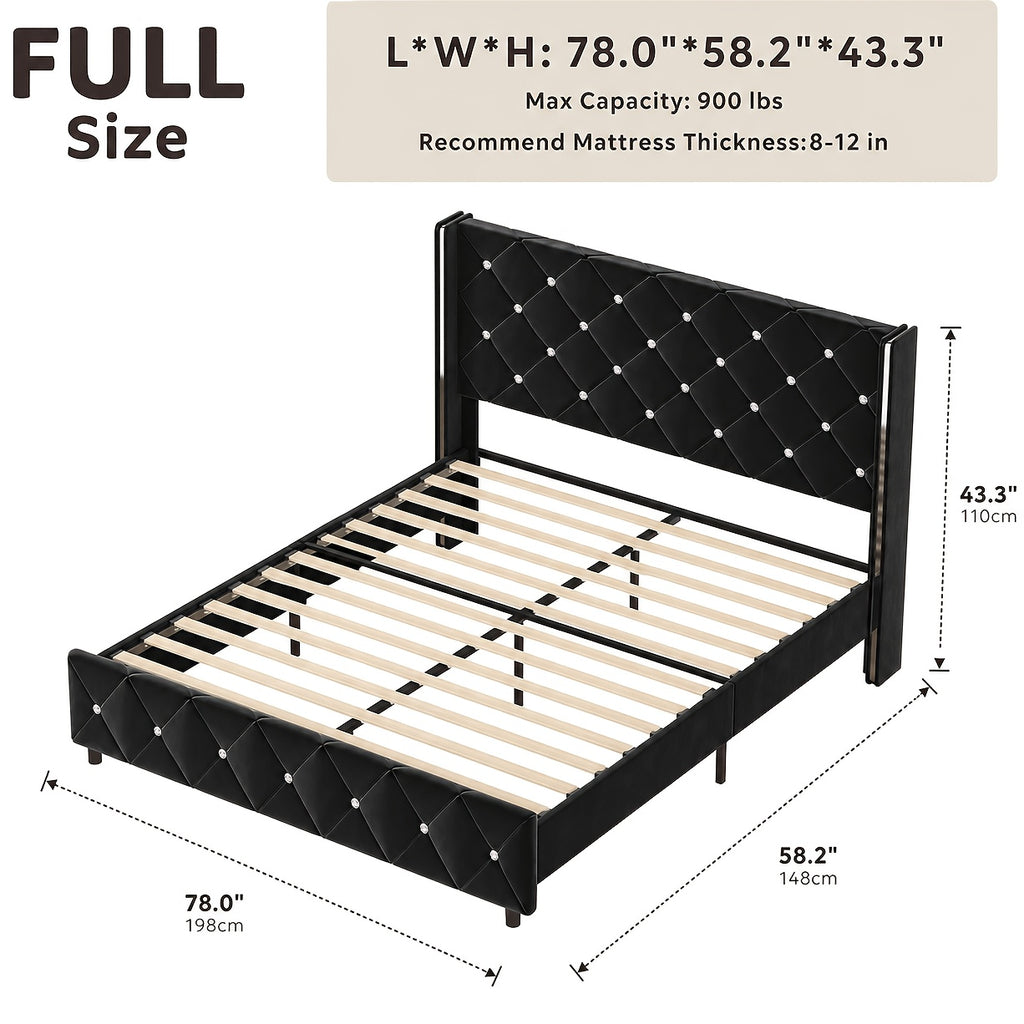 Twin Full Queen King Size Bed Frame, Upholstered Bed Frame with Diamond Tufted Headboard, Modern Silvery Side Wing Back, No Box Spring Needed, Easy Assembly, Purple, Black, Blue, Green, Pink, White