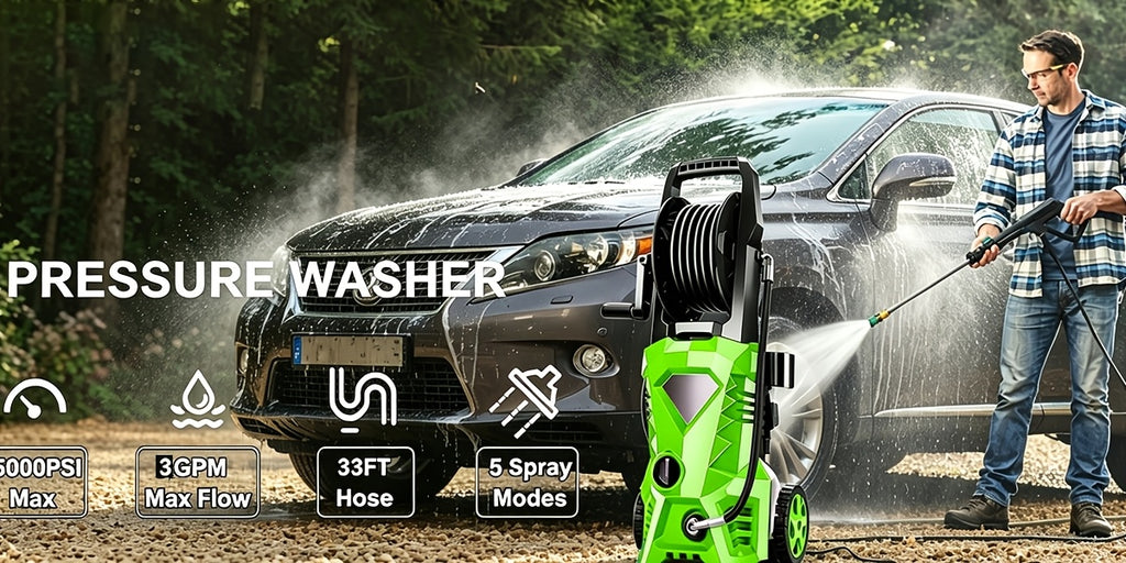 5000PSI Electric Pressure Washer - 2025 New Electric Power Washer with Upgraded 33FT Pressure Washer Hose Reel, Foam Cannon, 4 Nozzle Set, Power Washer for House/Patios/Car, Orange