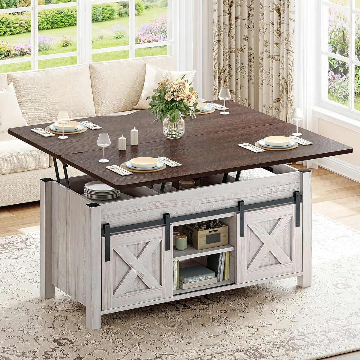 Farmhouse Lift Top Coffee Table with Hidden Compartments And Open Shelves, Center Table with Sliding Barn Door for Living Room Home Office, Light Oak Gray