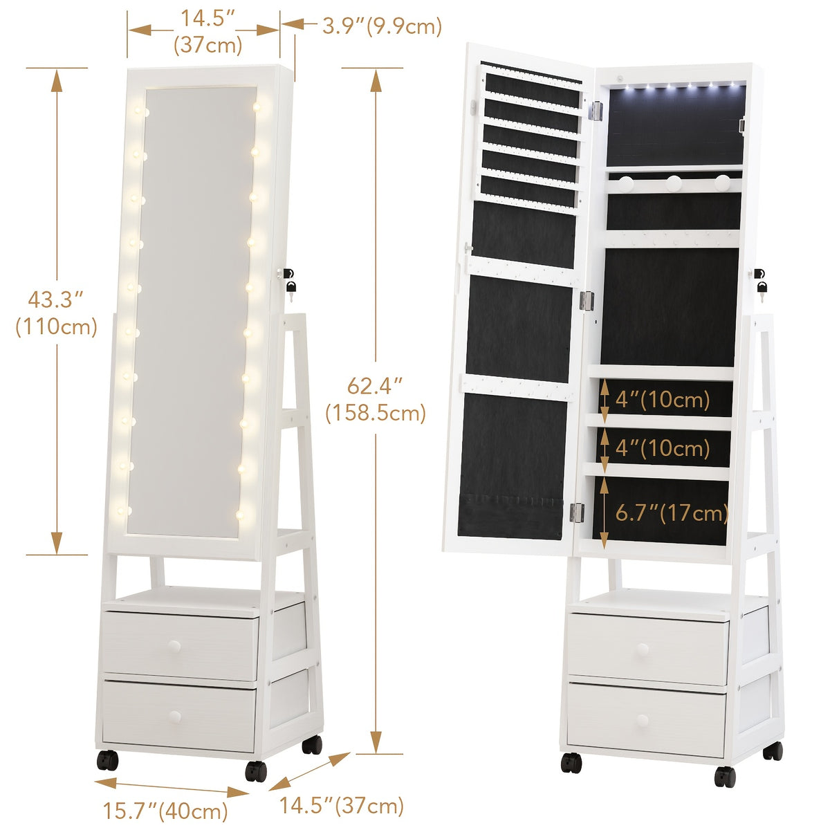 Jewelry Armoire Cabinet Organizer Standing with 20 LED Lights Lockable Full Length Mirror with Storage Shelves And 2 Drawers (White) Adjustable Tilt Angles Gift for Her, Jewelry Armoires