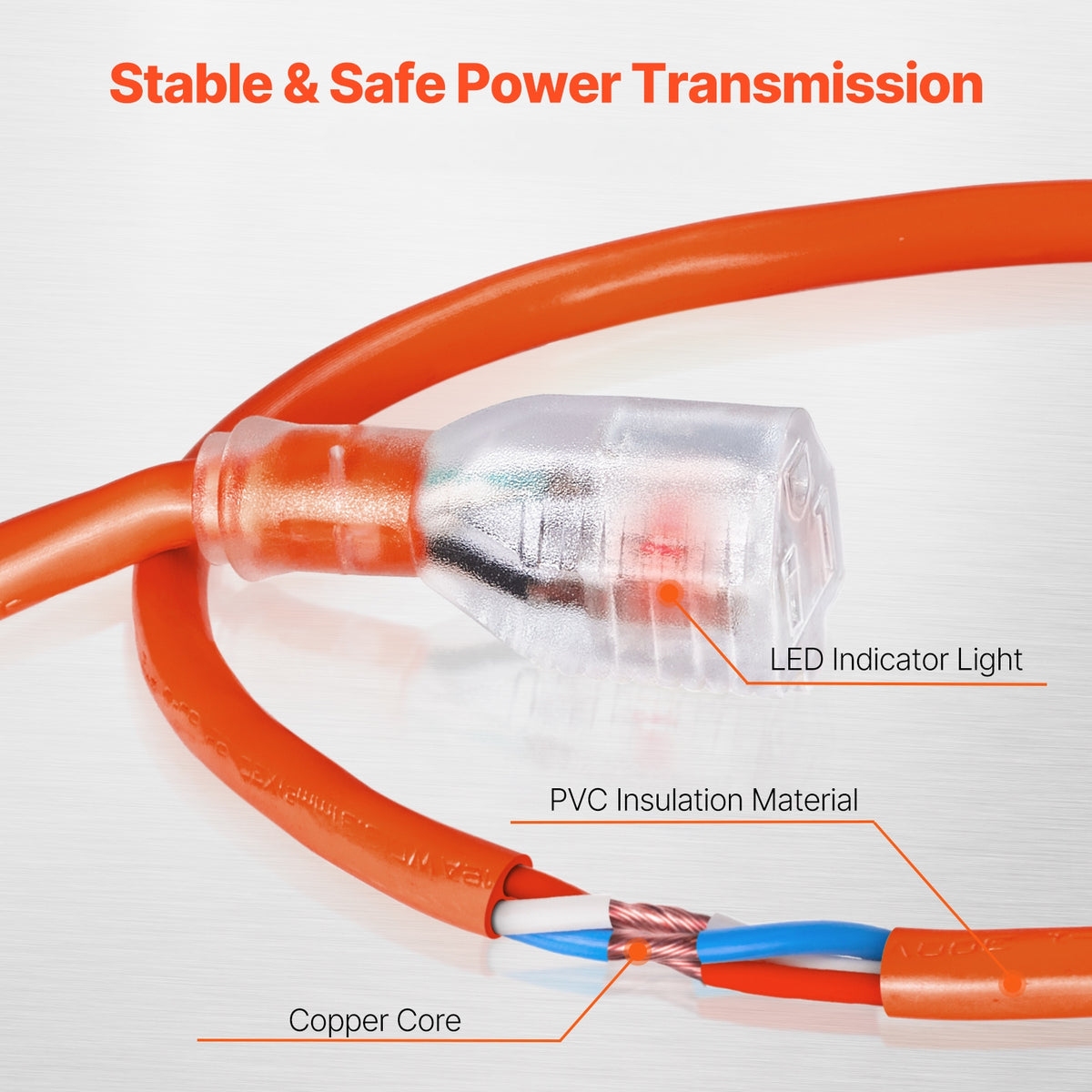 VEVOR 100FT Heavy Duty Extension Cord 16/12AWG 10/15A 1250W/1875W 3 Prongs with Lighted End