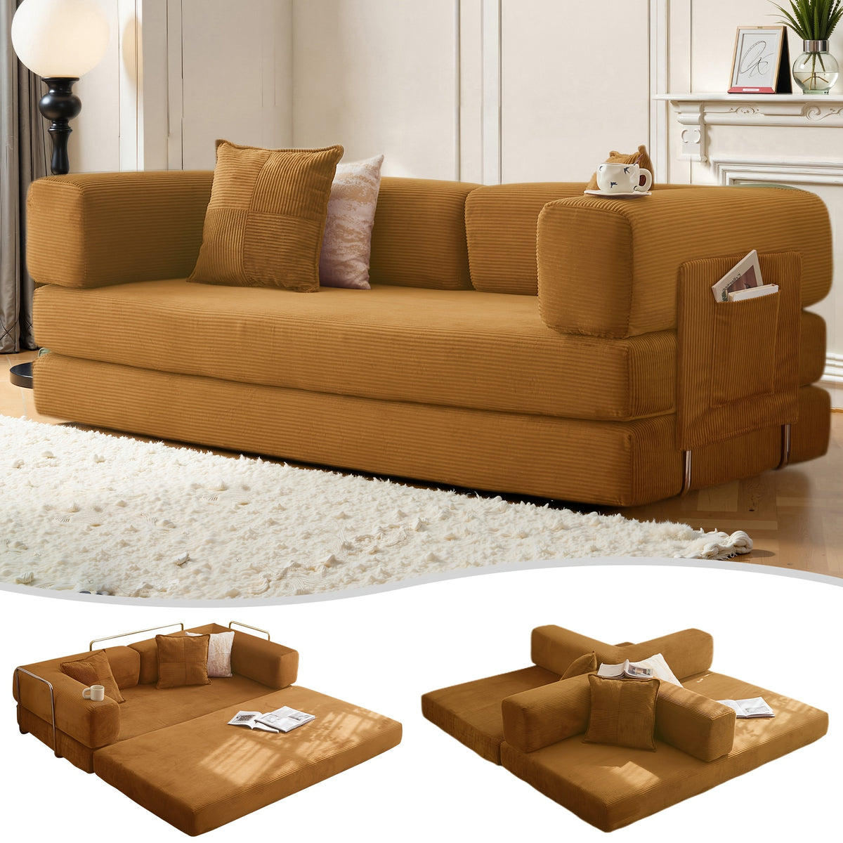 Convertible Floor Sofa Bed, Memory Foam Seating and Folding Armrests for Apartments and Guest Rooms