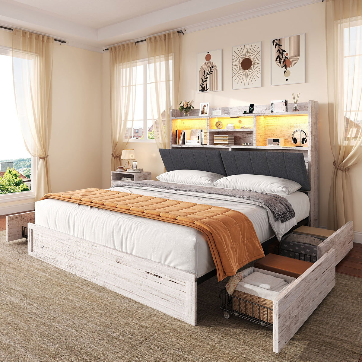Platform Bed with 4 Storage Drawers, 51.2" Tall LED Bed Frame with Bookcase Headboard, Linen Upholstered, Charging Station& Hidden Storage Area, No Box Spring Needed