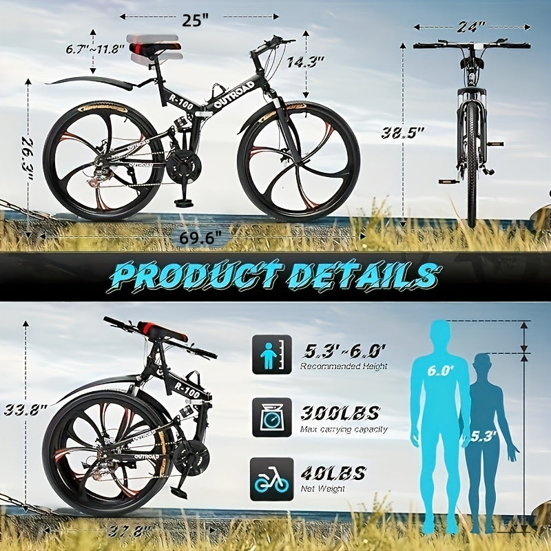 26 Inch Mountain Bike, 21 Speeds Full Suspension Folding Bikes, Dual Disc Brake, High Carbon Steel Frame And Non-Slip Quick Release Tire Bicycle for Adult