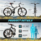 26 Inch Mountain Bike, 21 Speeds Full Suspension Folding Bikes, Dual Disc Brake, High Carbon Steel Frame And Non-Slip Quick Release Tire Bicycle for Adult