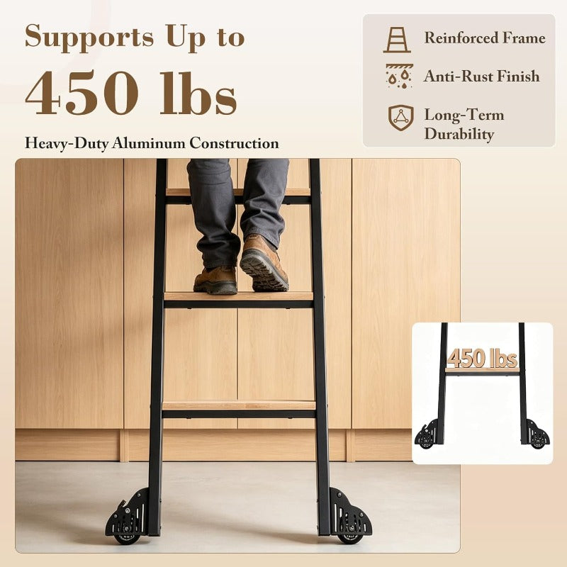 Rolling Library Ladder with 6.6' Slide Rails, 96' Roller Ladder with Wheels And Handrails, Space Saving Rail Mount Ladder for Bookshelf, Loft, Closet, Home