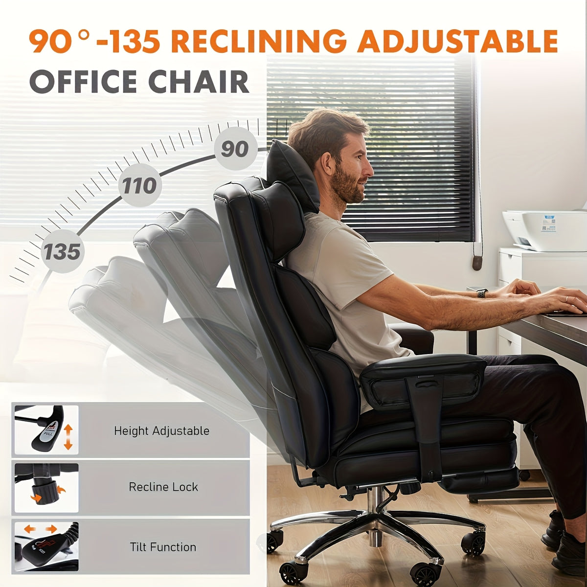 Home Office Reclining Desk Chair, Big and Tall High Back Executive Computer Task Chair with Leg Rest and Lumbar Support, Adjustable Height and Footrest, Armrest