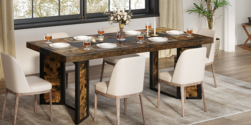 A Spacious Industrial Dining Table Designed for 6 to 8 Individuals, Measuring 71 Inches, Featuring a Robust Metal Frame And a Rustic Brown End, Perfect for Dining Rooms, Kitchens, Or Living Areas