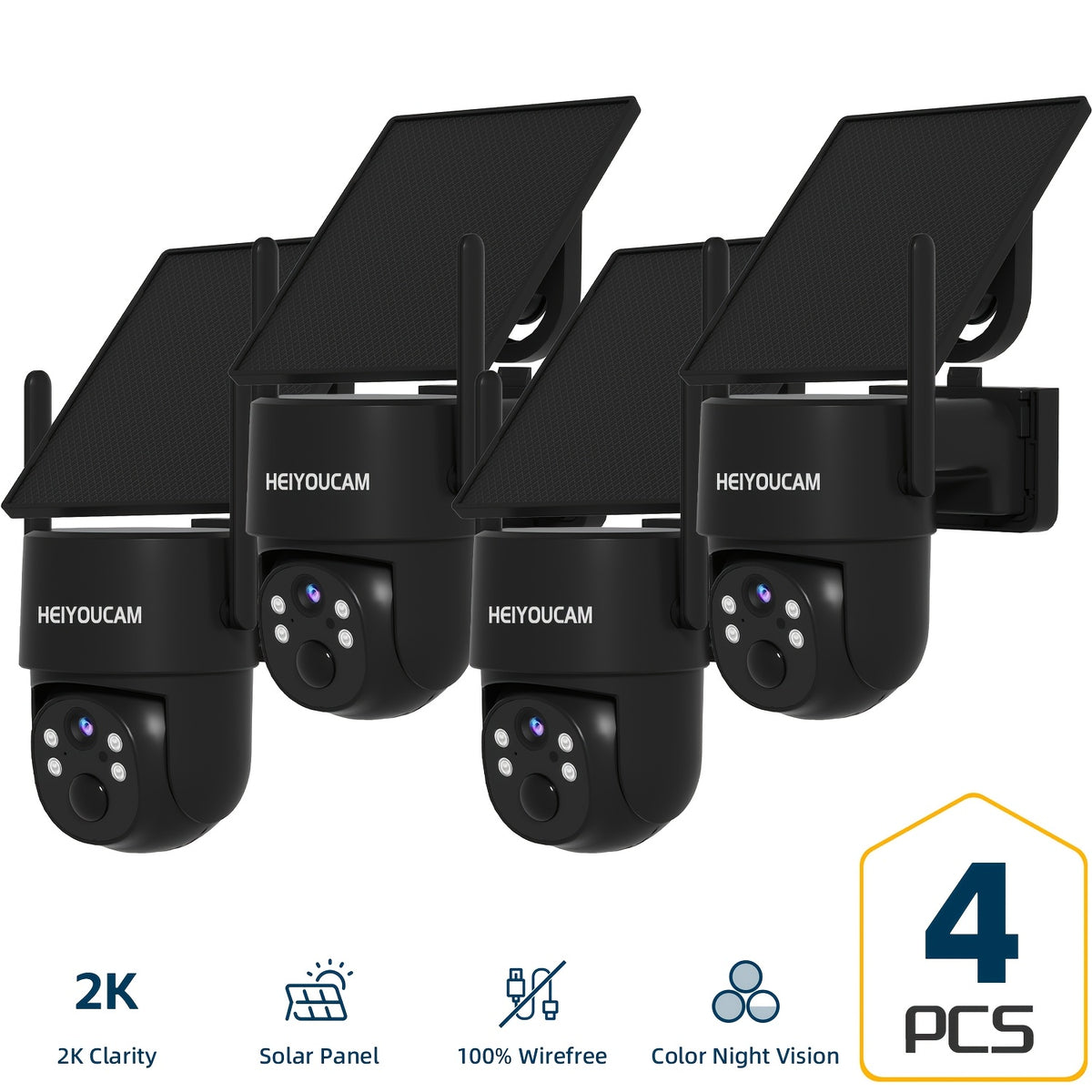 4pcs HEIYOUCAM Solar Security Cameras Wireless Outdoor, PTZ WiFi 4MP Indoor Security Camera for Home Outdoor with Spotlight, PIR Sensor, Siren, Color Night Vision, 2-Way Talk, SD/Cloud Storage