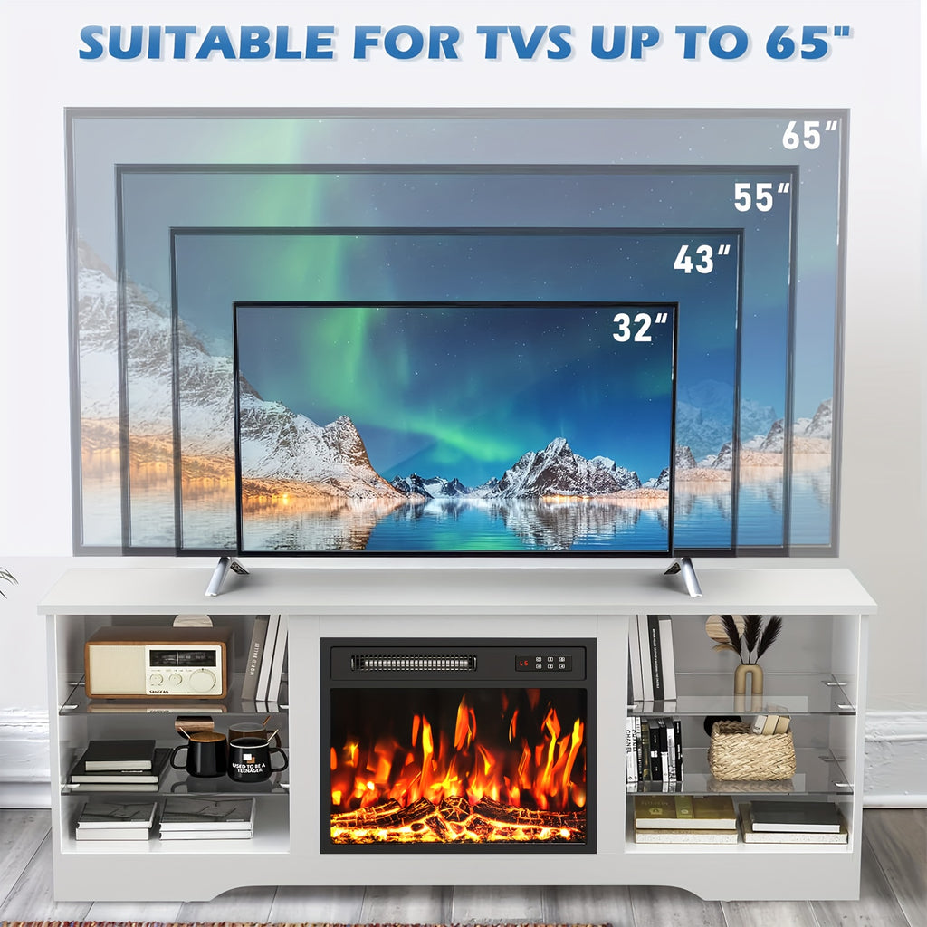 58 Inches Fireplace TV Stand for Tvs Up to 65 Inches Console with 18'' Electric Fireplace & Remote, Wooden Modern Entertainment Center for Living Room with LED Light Glass Shelves