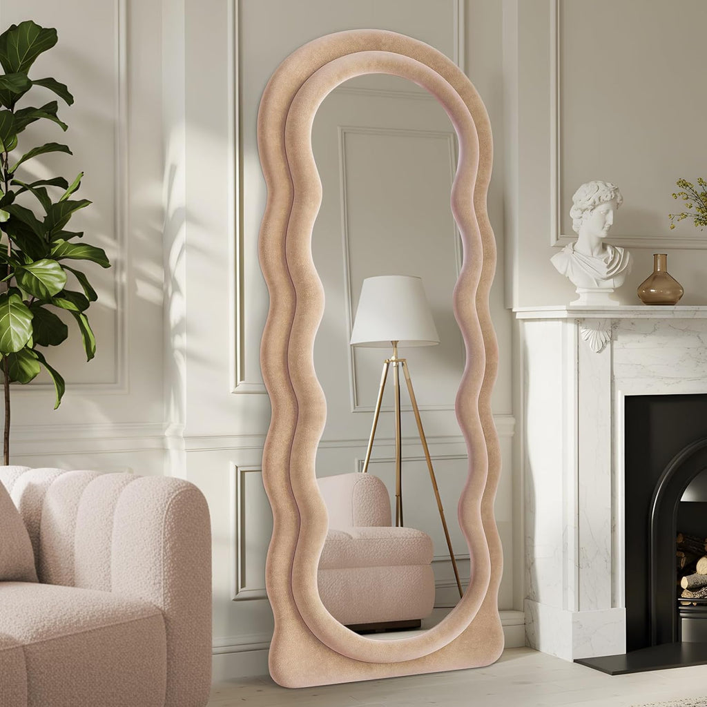 63"x24" Large Arched Full Body Mirror with Hot Pink Flannel Wrapped Frame & Stable Stand - Contemporary Floor Standing or Wall-Mounted/Leaning Mirror for Bedroom, Dressing Room, Entryway - No Electrical Required, Durable Construction