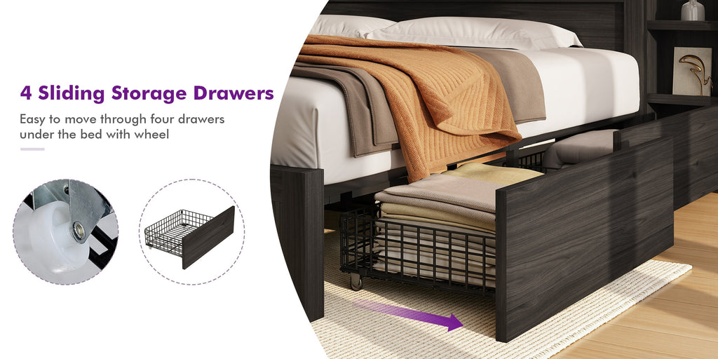 Wooden Platform Bed Frame with 4 Storage Drawers and Farmhouse Styling for Organized Bedrooms