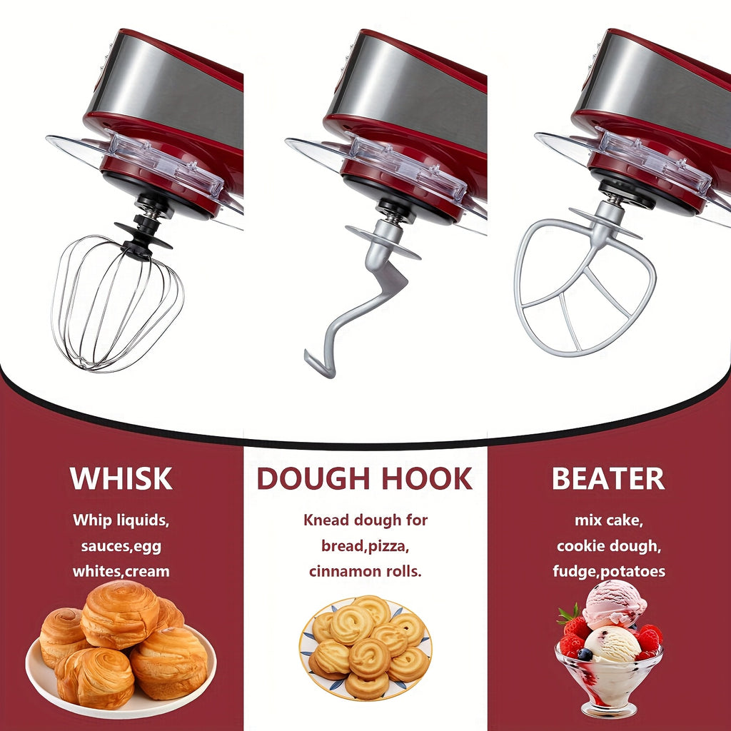 Household Vertical 6-in-1 Stand Mixers, 6-speed Pulse 6.3QT Tilting Kitchen Food Chef Machine, Equipped with Mixer, Dough Hook, Egg Beater, Spatula, Meat Grinder and Juicer Accessories, Red
