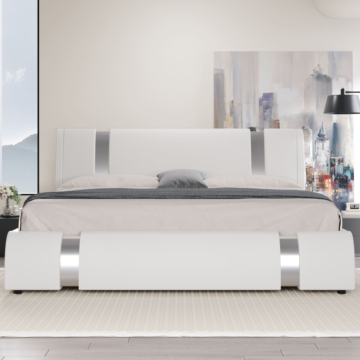 HOOMIC Contemporary Imitation Leather Bed Structure Featuring Metal Accents, Low-Set Platform Bed with Adjustable Headboard, Sturdy Wooden Slat Support, No Box Spring Required