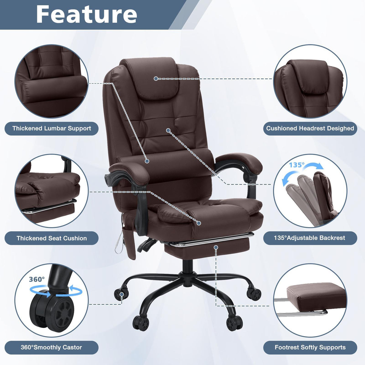 Office Chair Designed for Executives Featuring a 7-Point Massage System, Lumbar Support, And a Swivel Base. It Has a High Back Made of Leather And Includes a Reclining Footrest, Suitable for Home Office Use.