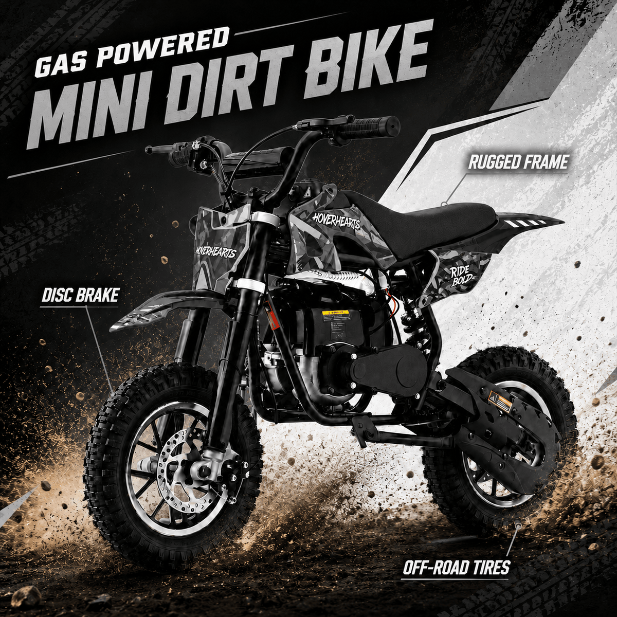 Mini Dirt Bike, 49 CC 2-Stroke Gas Bike with Off-Rode Tire, Suspensions, Disc Brakes, Max Load 165Lbs, Max Speed 18Mph-Includes gloves, face mask, security lock, and phone holder-Includes gloves, a face mask, an integrated stand, an anti-theft lock, and k