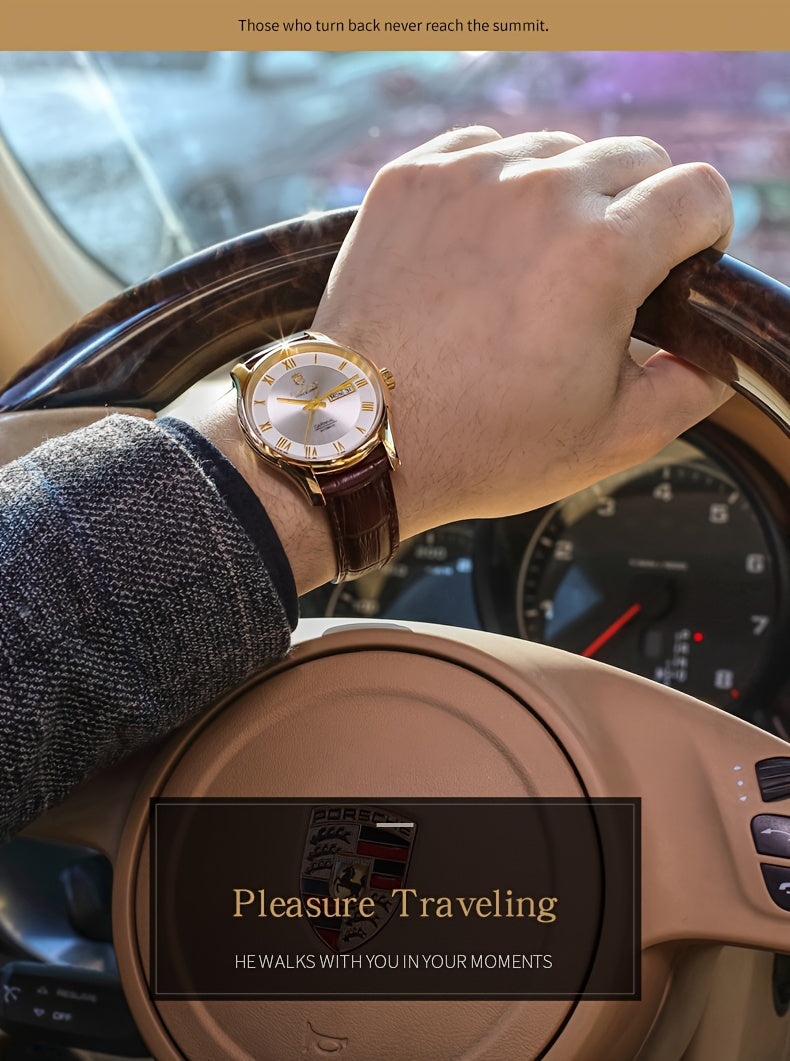 ROCOS Brand Luxury Golden Men's Watches High-end Business Simple Fashion Men's Watches Automatic Mechanical Watches Sun Pattern Brushed Dial Calfskin Strap Waterproof Men's Watches Week Calendar Display Gifts for Men